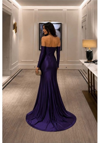 Lior Design Kadın İnce İşçilik Straplez Yırtmaçlı Abiye Elbise Mor