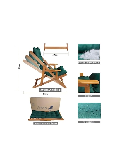Bysay Ahşap Katlanabilir Şezlong Seti, 4'lü, Gri, Modern Stil, Puf Minderli, Plaj Teras Balkon Bahçe İçin Diğer