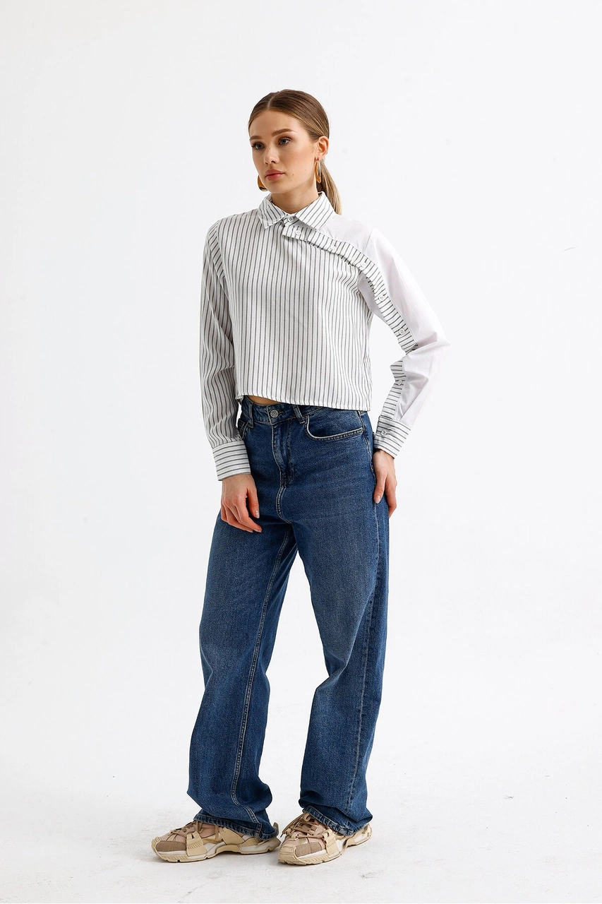 Mamayaga Kadın Özel Tasarım Yaka Kol Düğmeli Çizgi Garnili Crop Boy Bluz Gömlek Siyah Çizgili