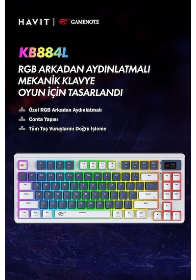 Havit Gamenote Kb884l Rgb Mekanik Türkçe Klavye 1.06inç Tft-lcd Ekran - Red Switch