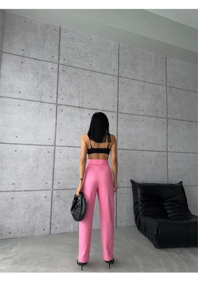Defymoda Pantolon Kapalı Cep 3 Düğme Detaylı - Pembe Pembe Defymoda Pantolon Kapalı Cep 3 Düğme Detaylı - Pembe Pembe