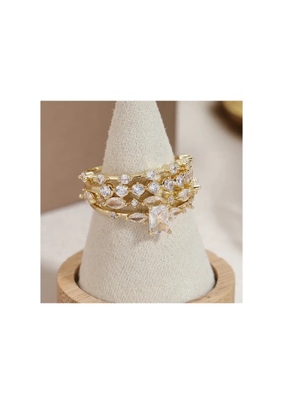 Glowin - 4 Adet Altın Renkli Zirkon Taşlı Şık Tasarım Vintage Bohem Çoklu Gold Yüzük Seti