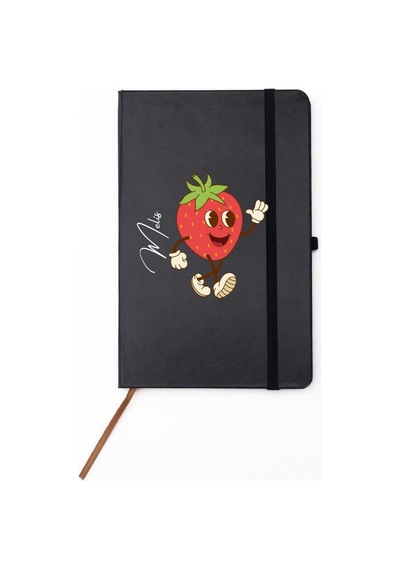 Kişiye Özel Çilek Karakterli Eğlenceli Tasarım Deri Kapak Defter Siyah