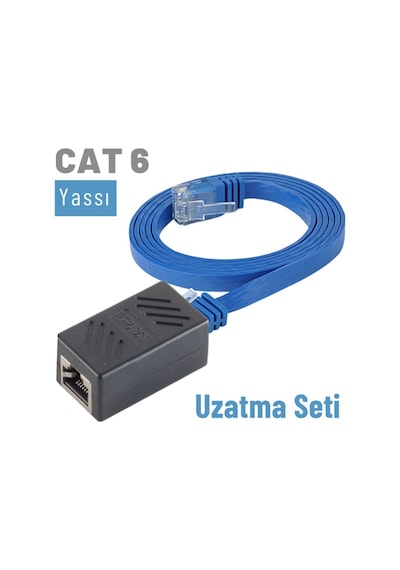 Irenis CAT6 Kablo Uzatma Seti. Yassı Ethernet Kablo ve Ekleyici 2 M-Mavi