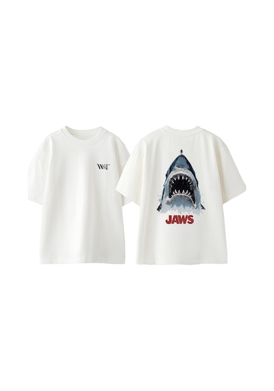 Thewert Jaws 2 Tasarım Sırt Baskılı Pamuk Beyaz Oversize T-shirt
