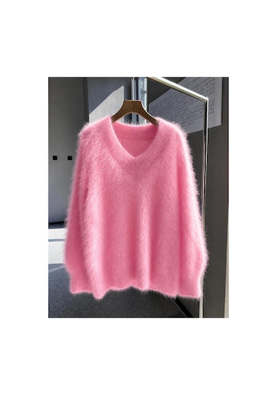 De Pose Kadın Oversize Peluş Yumoş Tüylü V Yaka Basic Triko Kazak Şeker Pembe