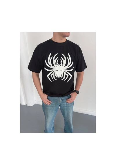 Erkek Örümcek Baskılı Tişört Kısa Kollu Bisiklet Yaka T-shirt - Siyah