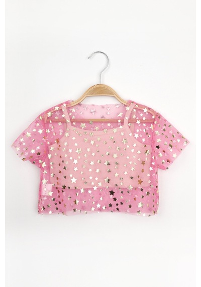 Le Mabelle Pembe Yıldız Baskılı Kısa Kollu Kız Çocuk Tül Crop Pembe