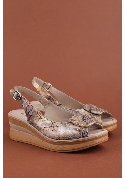 Gondol Hakiki Deri Platform Taban Sandalet Pkr.1802 Vizon Desen