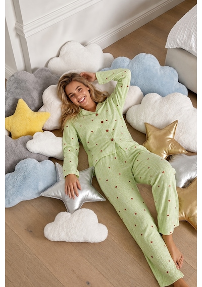 Womanandkids Night Yeşil Kadın Puantiyeli Uzun Kollu Düğmeli Pijama Takımı