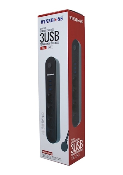 Termal Akım Korumalı 4lü Priz 3xusb 2mt Anahtarlı Uzatma Kablo Siyah 10a - 2500w 5399 10