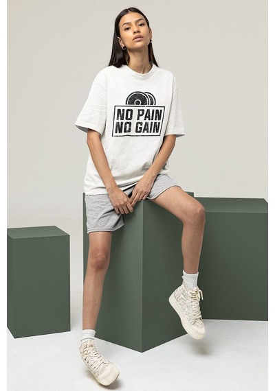 No Pain No Gain Gym Fitness Temalı Oversize Unisex Tişört Beyaz