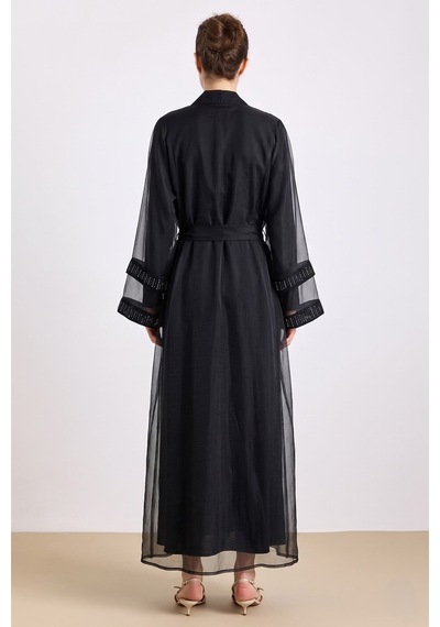 Olcay Kolları Taş Detaylı Organze Abaya Takım Siyah 9449-tk
