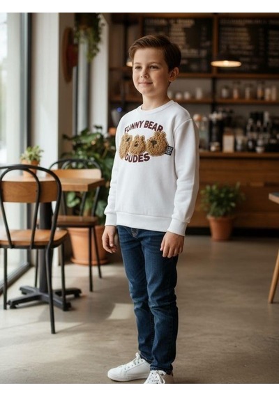 Zekids Erkek Çocuk Peluş Ayıcık İşlemeli Sweatshirt-16393 Ekru