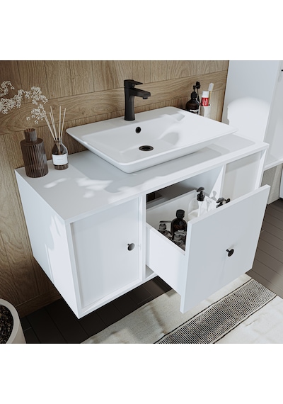 Gusto Ayaksız Lavabolu Mdf 105 Cm Çekmeceli Banyo Dolabı Beyaz Mat Beyaz