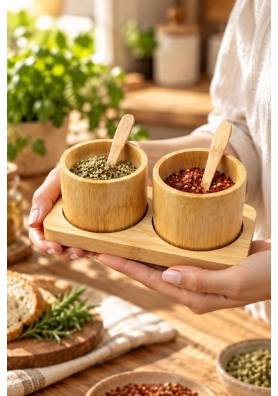 Atbyhome Bambum 5 Parça Bambu 2'li Baharatlık Seti - Kaşıklı Masa Üstü Baharat Kasesi Ve Servis Standı Sunumluk