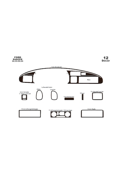 Ford Ranger Torpido Kaplama 1999-2006 12 Parça Koyu Meşe