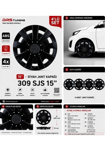 Alfa Romeo Uyumlu 15 Inc Kırılmaz Parlak Siyah Jant Kapağı 1 Takım 4 Adet No:309
