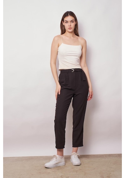 JUMENT Keten Yüksek Bel Pileli Beli Lastikli Kemerli Boyfriend Pantolon-siyah