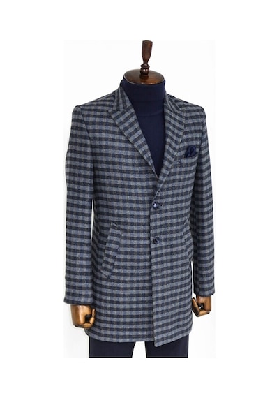 Wessi Kaşe Kareli Geniş Yaka Slim Fit Lacivert Erkek Palto 001