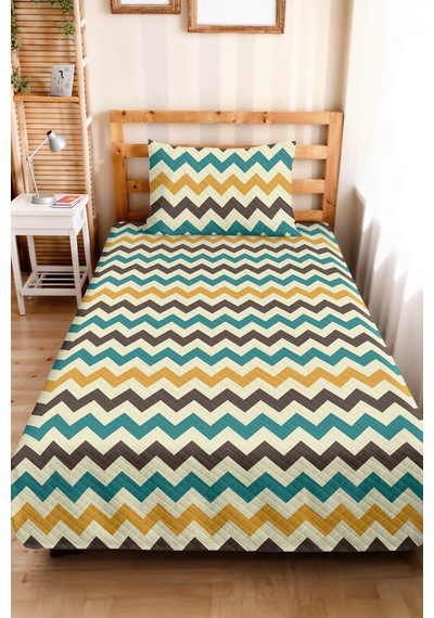 Zigzag Etnik Geometrik Genç Odası Tek Kişilik Pike Takımı - Sarı Antrasit 160x220 Cm Yatak Örtüsü Ekru