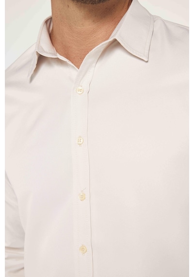 Tudors Slim Fit Uzun Kollu Kolay Ütü Teri Emen Nefes Alan Doku Kravatlık Dört Mevsim Taş Renk Erkek Gömlek-31633-taş Taş