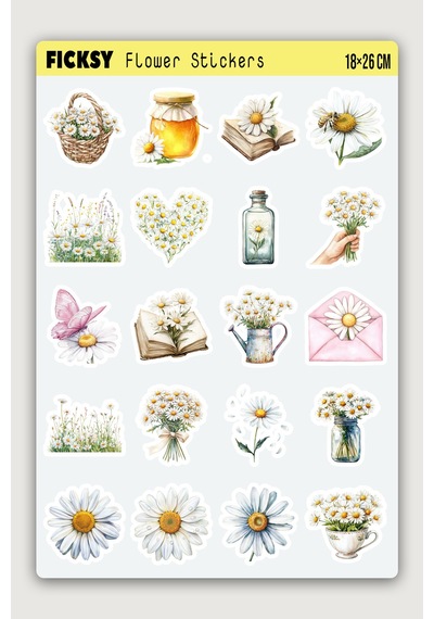 Papatya Sticker Seti - 20 Adet Çiçek Etiket Çıkartma Diğer