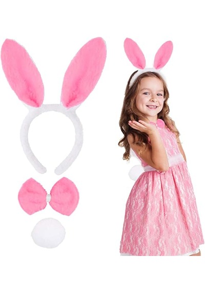 Pembe Tavşan Kostüm Seti Taç, Papyon, Ponpon 12 Li Paket Çok Renkli