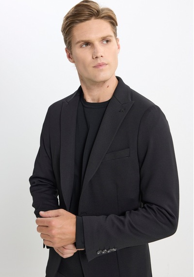 Ac&co Erkek Sıyah Slim Fit Dar Kesim Kırlangıç Yaka Desenli Torba Cepli Ceket Siyah
