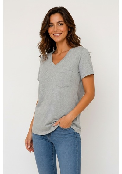 Lyvean V Yaka Cepli Oversize Tshırt Gri