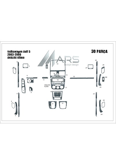 Volkswagen Golf 5 Torpido Kaplama Analog Klima 2003-2008 30 Parça Karbon