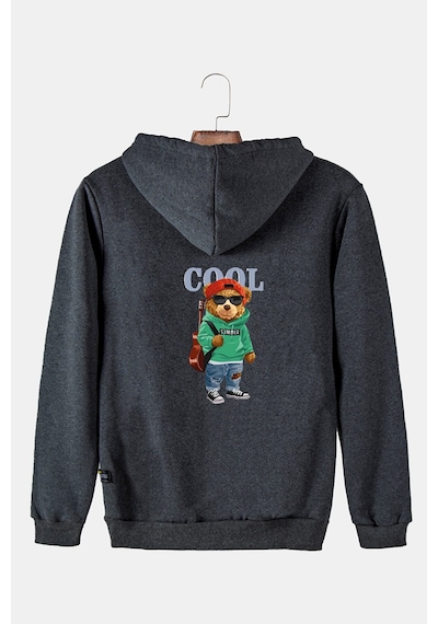 Unisex Füme Kapüşonlu Arkası Cool Ayıcık Baskılı Slim Fit Kanguru Cepli Sweatshirt Füme