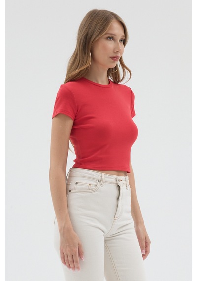 Urbantrendstore Kadın Bisiklet Yaka Likralı Kısa Kol Body Crop Bluz Günlük Şık Sade Yazlık Casual Crop Kadın Crop Kırmızı