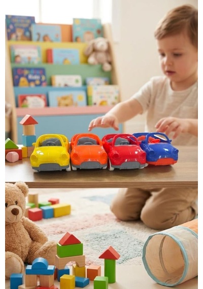 4'lü Mini Elle İttirmeli Renkli Yerli Üretim Eğitici Ve Eğlenceli Oyuncak Araba Seti Çok Renkli