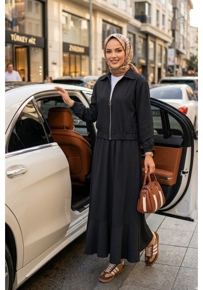 Hb Harma Time Butik Kadın Fermuarlı Çilek Kumaş Siyah Ceket Etek İkili Takım