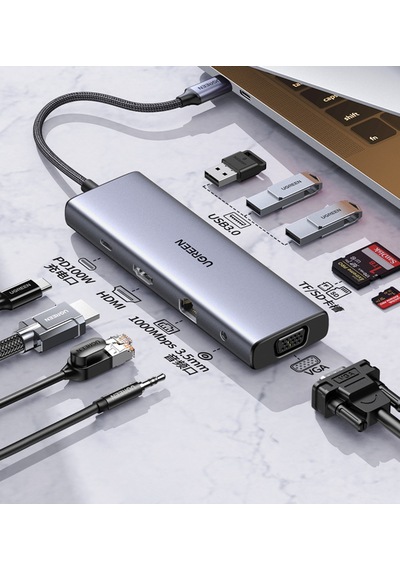 9 U 1 Arada Usb-c Hub 4k 60hz Hdmı Vga 3x Usb 3.0 Rj45 Sd Tf Kart Okuyucu 100w Pd