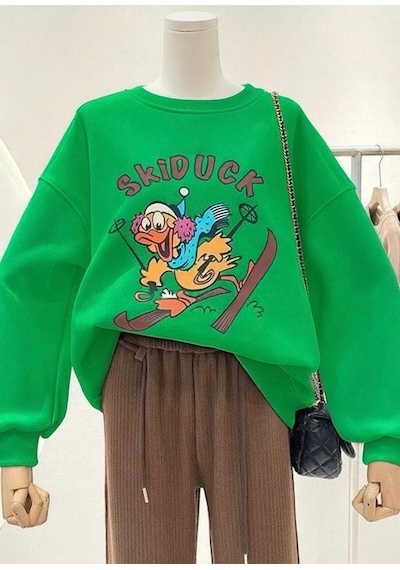 Benroma 3 İplik Penye Skiduck Baskılı Unisex Sweatshırt Yeşil