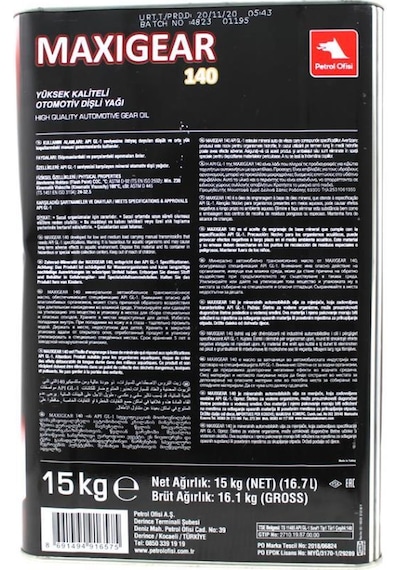 Petrol Ofisi Maxigear 140 Mineral Otomotiv Dişli Yağı 15 KG