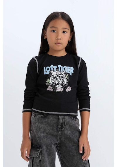 DeFacto Kız Çocuk Cropped Fit Bisiklet Yaka Baskılı Fitilli Kaşkorse Uzun Kollu Tişört D3430A824WNBK81 Siyah