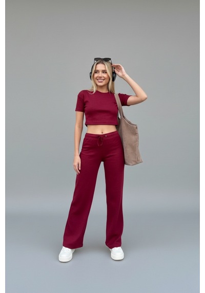 Kadın Bol Paça Slim Fit Takım Bordo