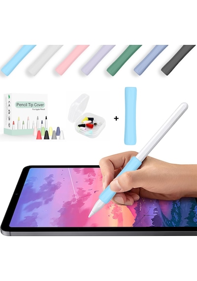Apple Pencil 1-2 Nesil Pro Usb-c Uyumlu Soft Yumuşak Silikon Kalem Tutucu Ve 8'li Kalem Ucu Koruyucu Mavi