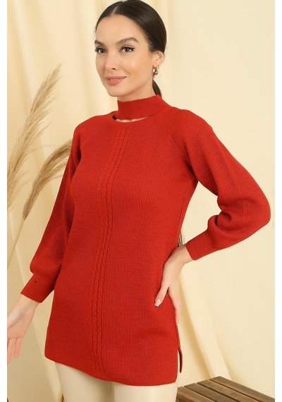By Saygı Boyun Dekolteli Saç Örgülü Desen Büyük Beden Spor Tunik Kazak-35198 - Mercan