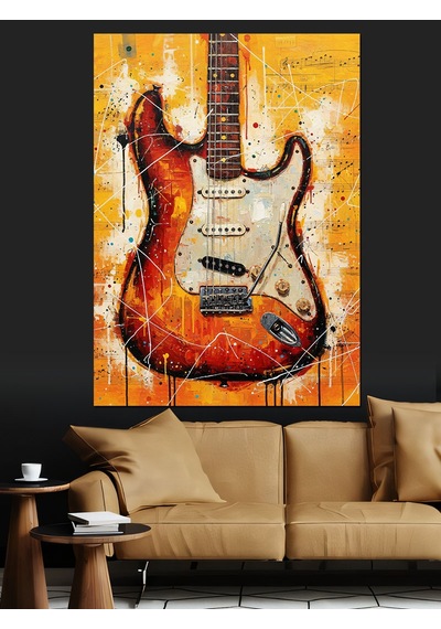 Ahşap Tablo Kırmızı Gitar Alev Desenleri İnsan Figürlü Tablolar