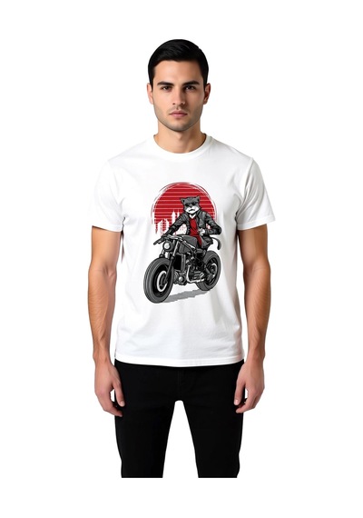 Paybuy Erkek Motorsiklet Temalı Baskılı Tişört Güneşlük Kedi Grafik Şehi