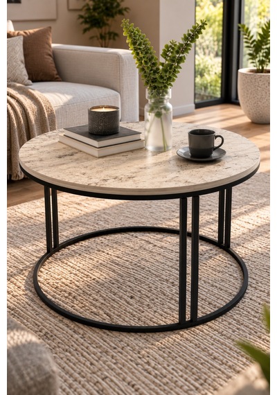 Sulorahome Yuvarlak Traverten Desenli Orta Sehpa - Metal Ayaklı