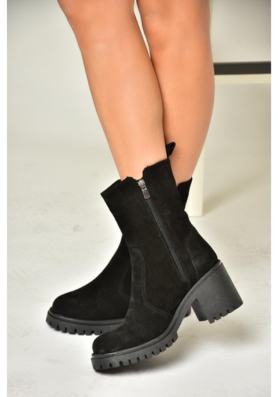 Fox Shoes T654095802 Siyah Hakiki Süet Kalın Topuklu Kadın Bot Siyah-Süet Siyah