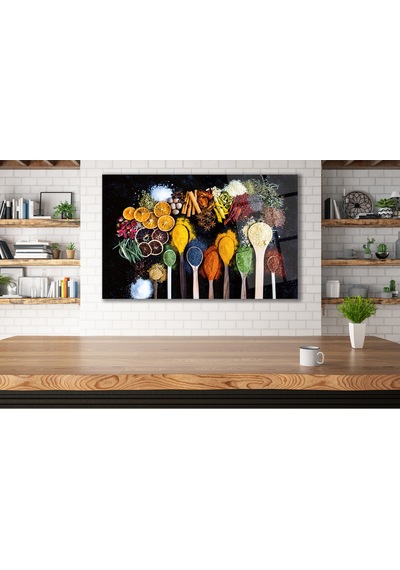 Kaşıklarda Baharatlar Cam Tablo Evlika,modern Ev Mutfak Restaurant Duvar Dekoru,hediyelik