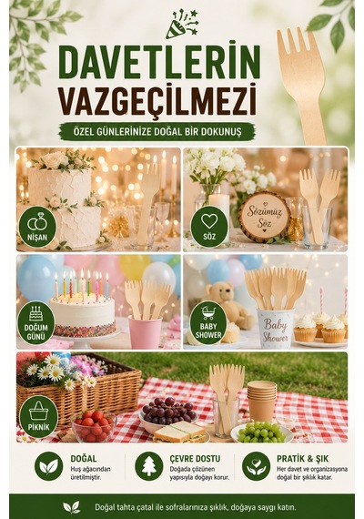 50'li Ekolojik Tahta Çatal 16 Cm Doğal Huş Ağacı Kullan At Davet Parti Organizasyon Çatalı
