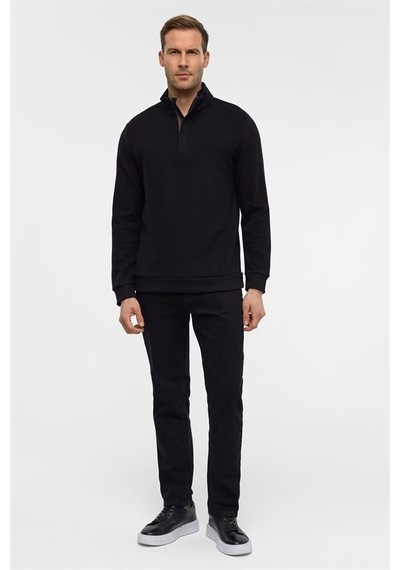 Süvari Siyah Regular Düz Polo Yaka Sweatshirt Siyah