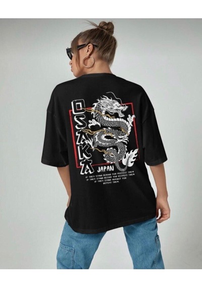 Flood Of Style Kadın Oversize Osaka Baskılı Siyah Tshirt